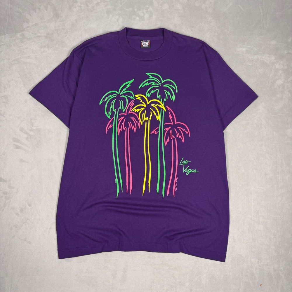 90s Mens Screen Stars Best Las Vegas Neon Palm Tree Graphic Tee Purple XL